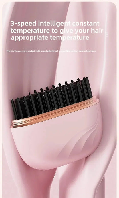 Mini Rechargeable Hair Straightener Brush: 3-Speed Temp Control, Anti-Scald Shell, Lightweight & Portable for Travel